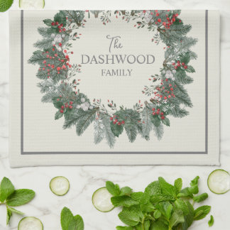 Viintage Personalised Christmas Wreath Holiday  Tea Towel