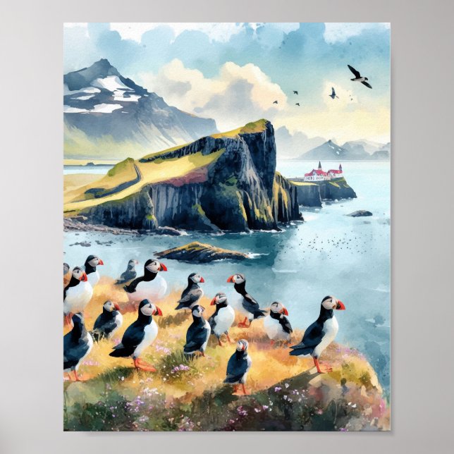 Vik Iceland Puffins Watercolor Poster (Front)