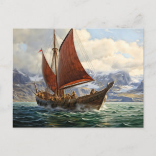 Viking boat sailing on northern sea. Icelandic Postcard