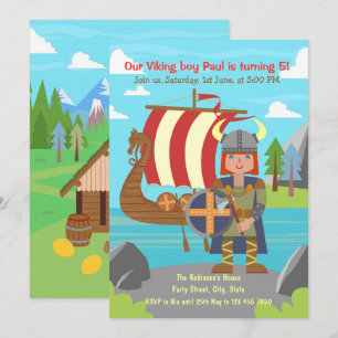 Viking Boy posing in front of Viking ship Party Invitation