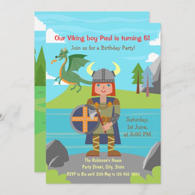 Viking Boy warrior and dragon Birthday Party  Invitation (Front/Back)