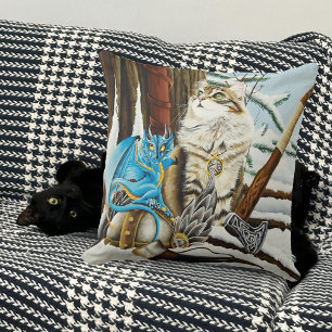 Viking Cat and Blue Dragon Cushion
