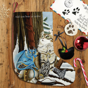 Viking Cat Blue Dragon Fantasy Small Christmas Stocking
