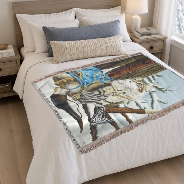 Viking Cat Blue Dragon Fantasy Throw Blanket (Creator Uploaded)