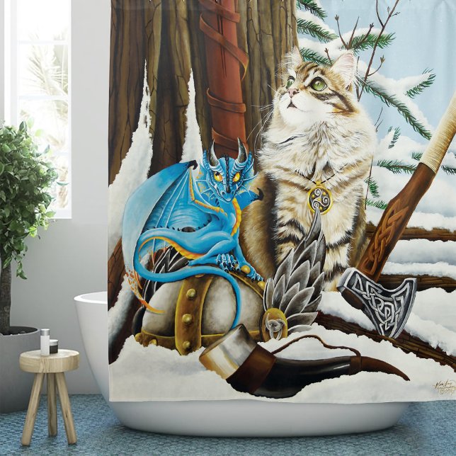 Viking Cat Blue Dragon Shower Curtain (Creator Uploaded)
