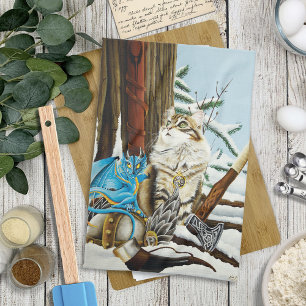 Viking Cat Blue Dragon Tea Towel