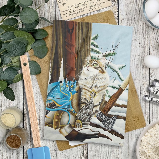 Viking Cat Blue Dragon Tea Towel (Creator Uploaded)