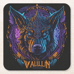Viking dog head logo square paper coaster