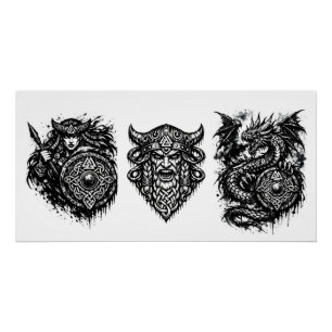 Viking, Dragon & Shield Maiden – Nordic Mythic Ink Poster