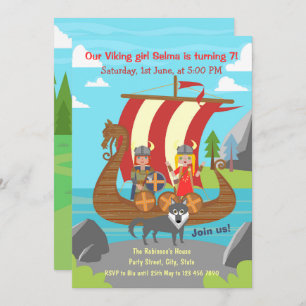 Viking girl and boy on viking ship birthday party  invitation