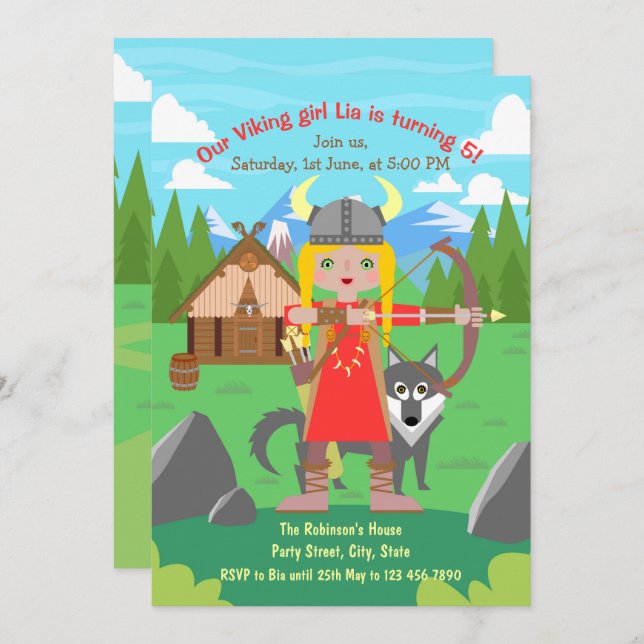 Viking Girl with bow and wolf pet Birthday Party  Invitation (Front/Back)