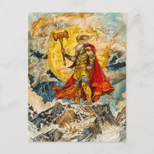 Viking God Thor on Mountain Watercolor like Ancien Holiday Postcard