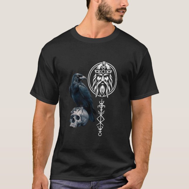 Viking Hugin Odin's Raven with Skull Viking Skull T-Shirt (Front)