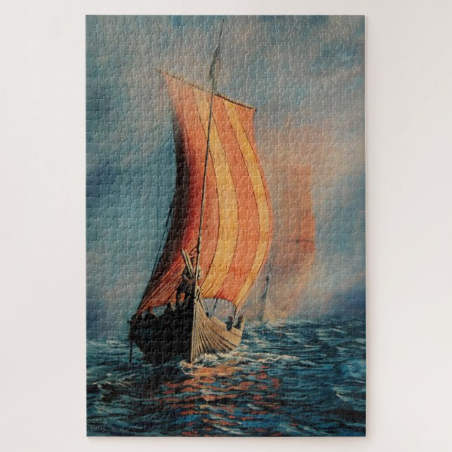 Viking longboat ship with sails on the sea jigsaw puzzle (Vertical)