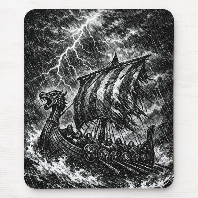 Viking Longship in the Storm — Ink Saga Art Mouse Pad (Front)