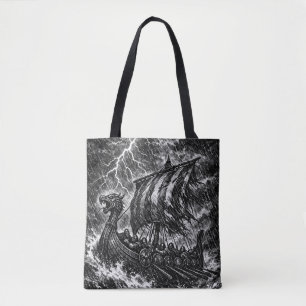 Viking Longship in the Storm — Ink Saga Art Tote Bag