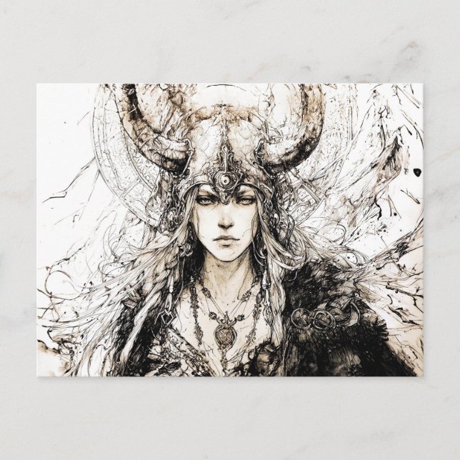 Viking Pen Drawing of a Norse Goddess Freyja Postcard (Front)
