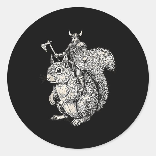 Viking Riding Squirrel Funny Warrior Art  Classic Round Sticker (Front)