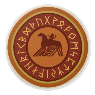 Viking Runes, Odin and Sleipnir Illustration Ceramic Knob