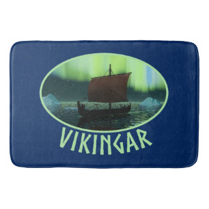 Viking Ship And Northern Lights Bath Mat