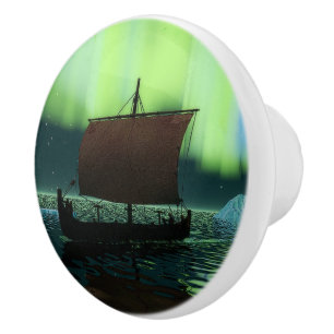 Viking Ship And Northern Lights Ceramic Knob