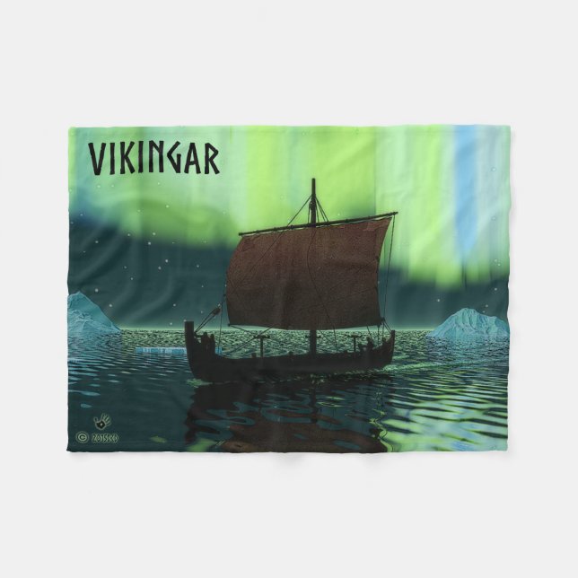 Viking Ship And Northern Lights Fleece Blanket (Front (Horizontal))