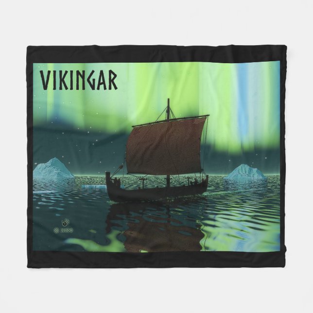 Viking Ship And Northern Lights Fleece Blanket (Front (Horizontal))
