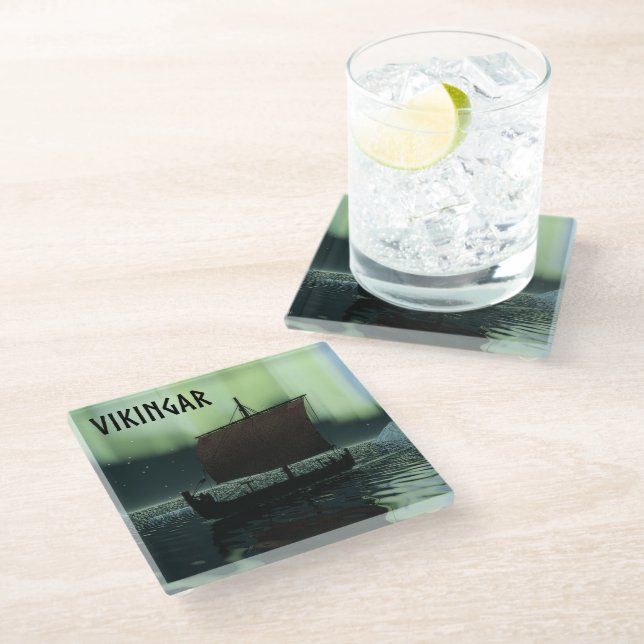 Viking Ship And Northern Lights Glass Coaster (Angled)
