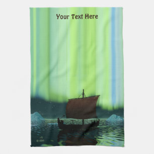 Viking Ship And Northern Lights Tea Towel
