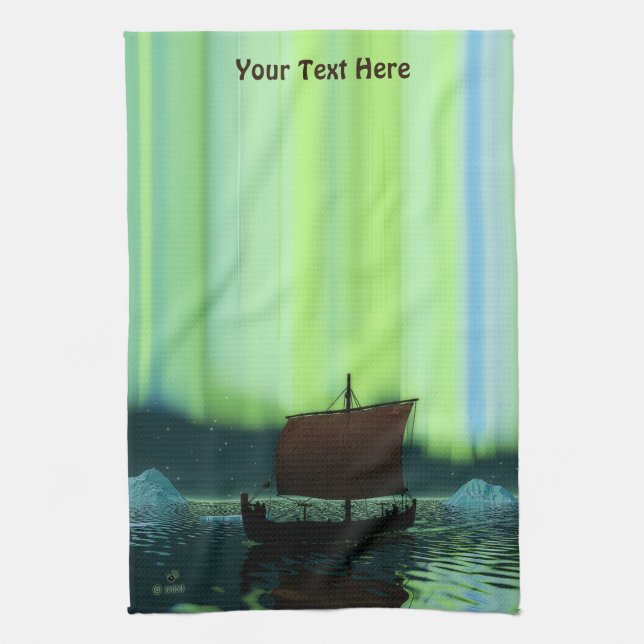 Viking Ship And Northern Lights Tea Towel (Vertical)