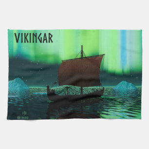 Viking Ship And Northern Lights Tea Towel