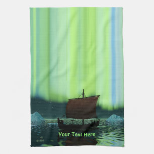 Viking Ship And Northern Lights Tea Towel