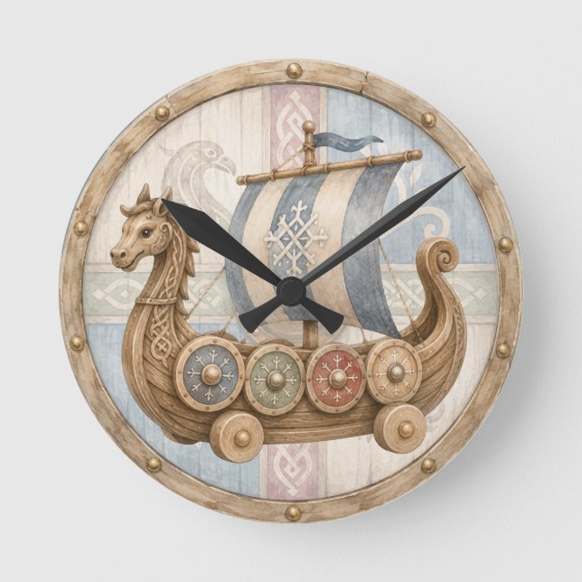 Viking Ship Baby Nursery Round Clock (Front)