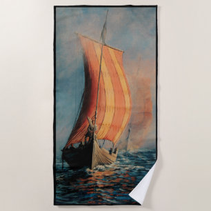 Viking ship/long boat in sail on ocean-black trim beach towel