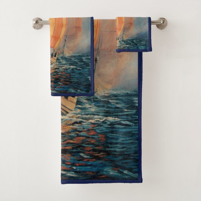 Viking ship/long boat in sail on ocean-blue trim bath towel set (Insitu)