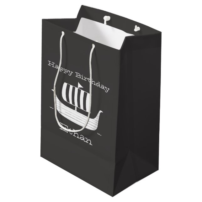 Viking ship/longboat w/custom background colour medium gift bag (Back Angled)
