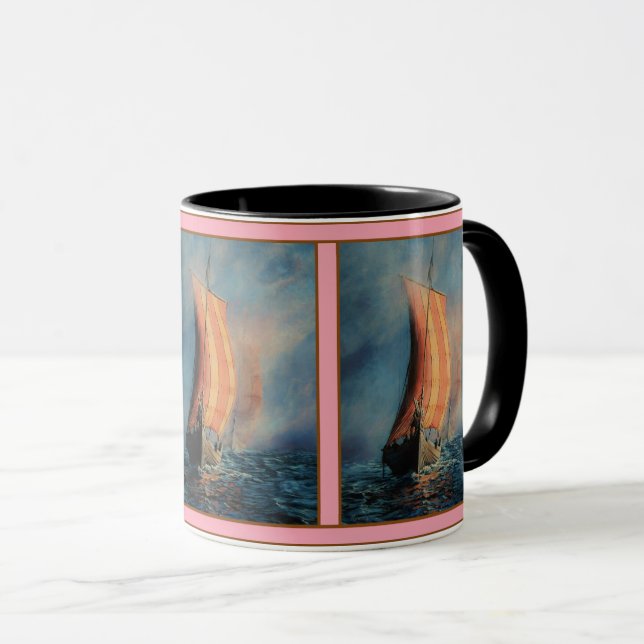 Viking ship sailing on Sea/Ocean in fog, long boat Mug (Front Right)
