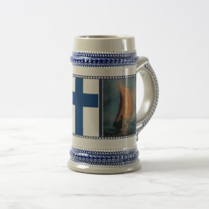 Viking ship sailing, Sea fog, Finland flag Beer Stein