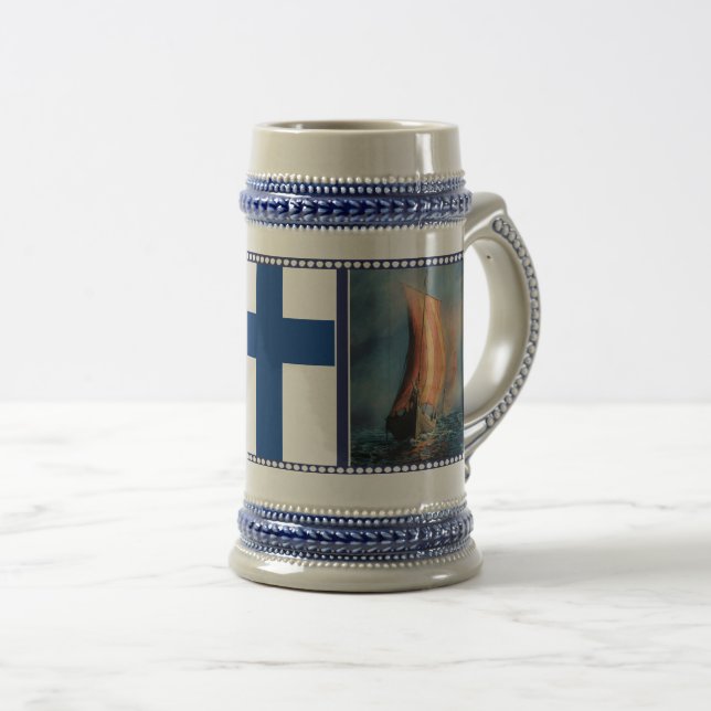 Viking ship sailing, Sea fog, Finland flag Beer Stein (Front Right)