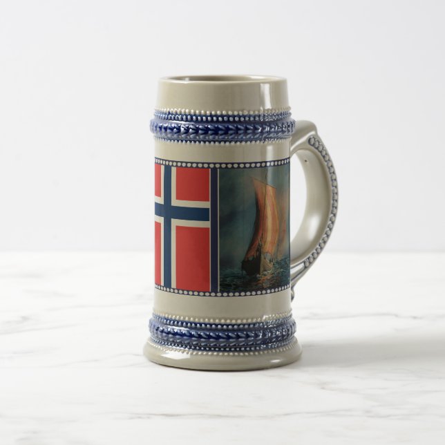 Viking ship sailing, Sea fog, Norway flag Beer Stein (Front Right)