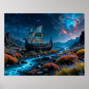 Viking Ship Under a Starry Sky Poster