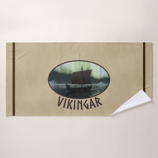 Viking Ship Under Northern Lights Bath Towel (Bath Towel)