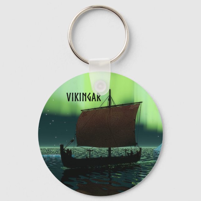Viking Ship Under Northern Lights Key Ring (Front)
