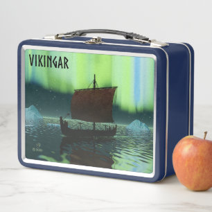 Viking Ship Under Northern Lights Metal Lunch Box