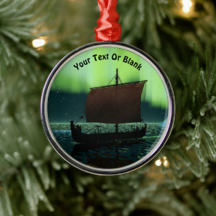 Viking Ship Under Northern Lights Metal Tree Decoration