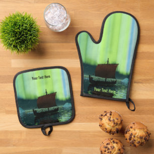 Viking Ship Under Northern Lights Oven Mitt & Pot Holder Set