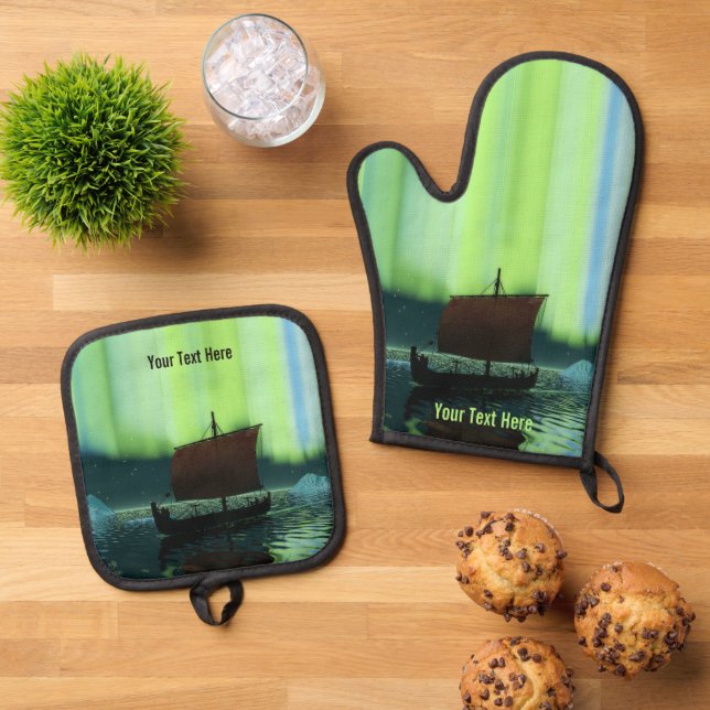 Viking Ship Under Northern Lights Oven Mitt & Pot Holder Set (Top Down)