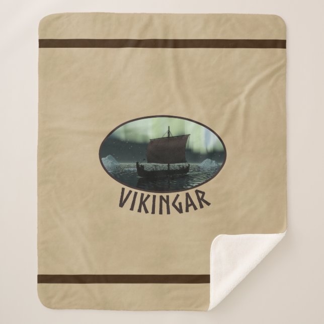 Viking Ship Under Northern Lights Sherpa Blanket (Front)