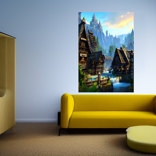 Viking town waterfall and mountain | AI Art  Poster (Creator Uploaded)