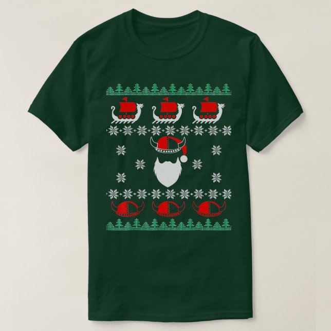 Viking Ugly Christmas  Santa Ships Viking Hat  T-Shirt (Design Front)
